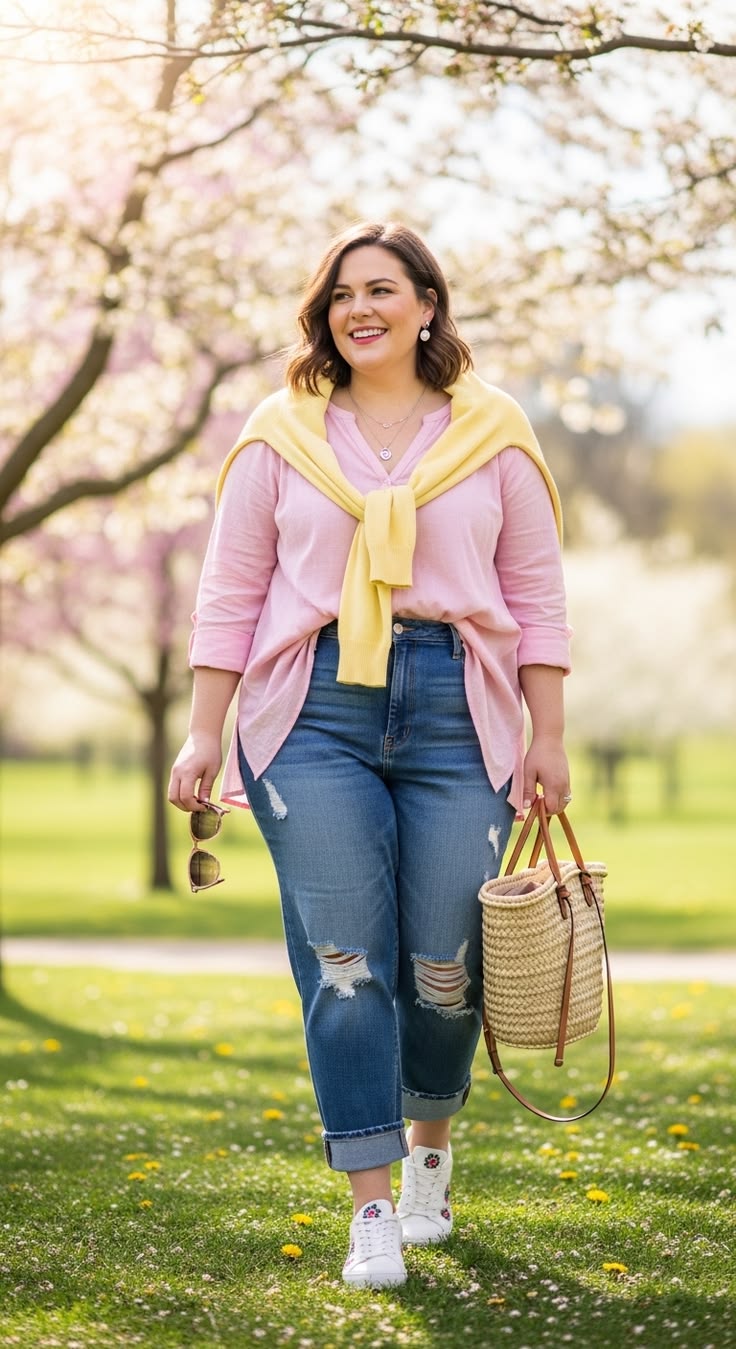 top rose pull jaune jean outfit grande taille printemps