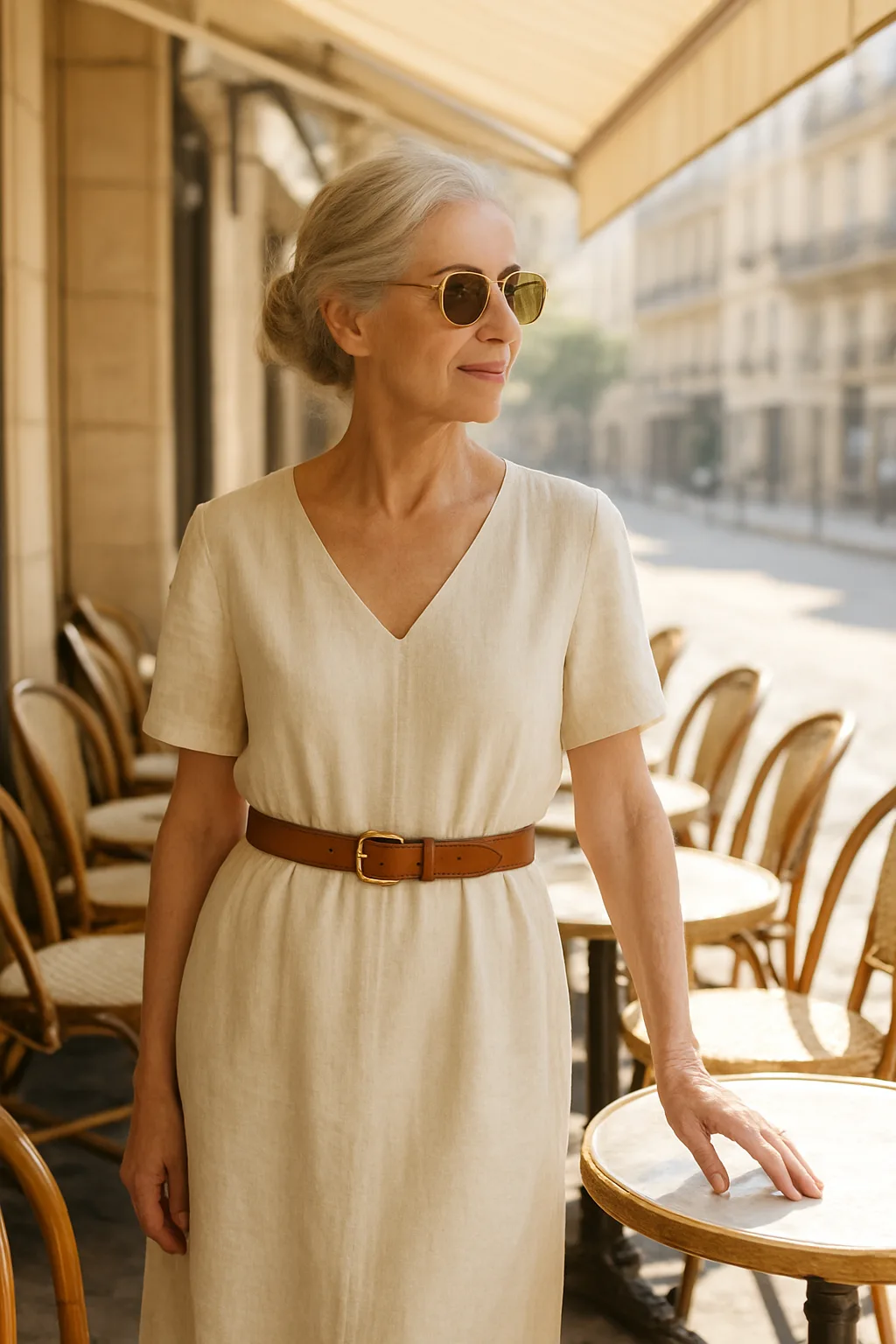 Femme élégante en robe beige casual sur terrasse parisienne