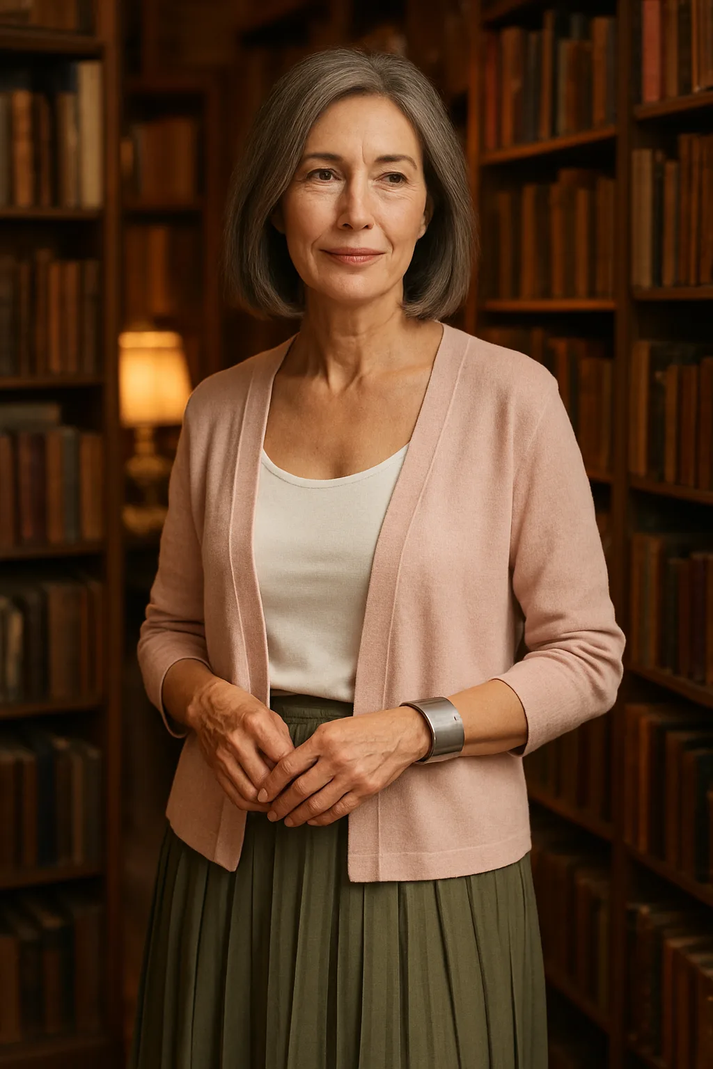 Look bibliothèque avec cardigan rose et jupe plissée