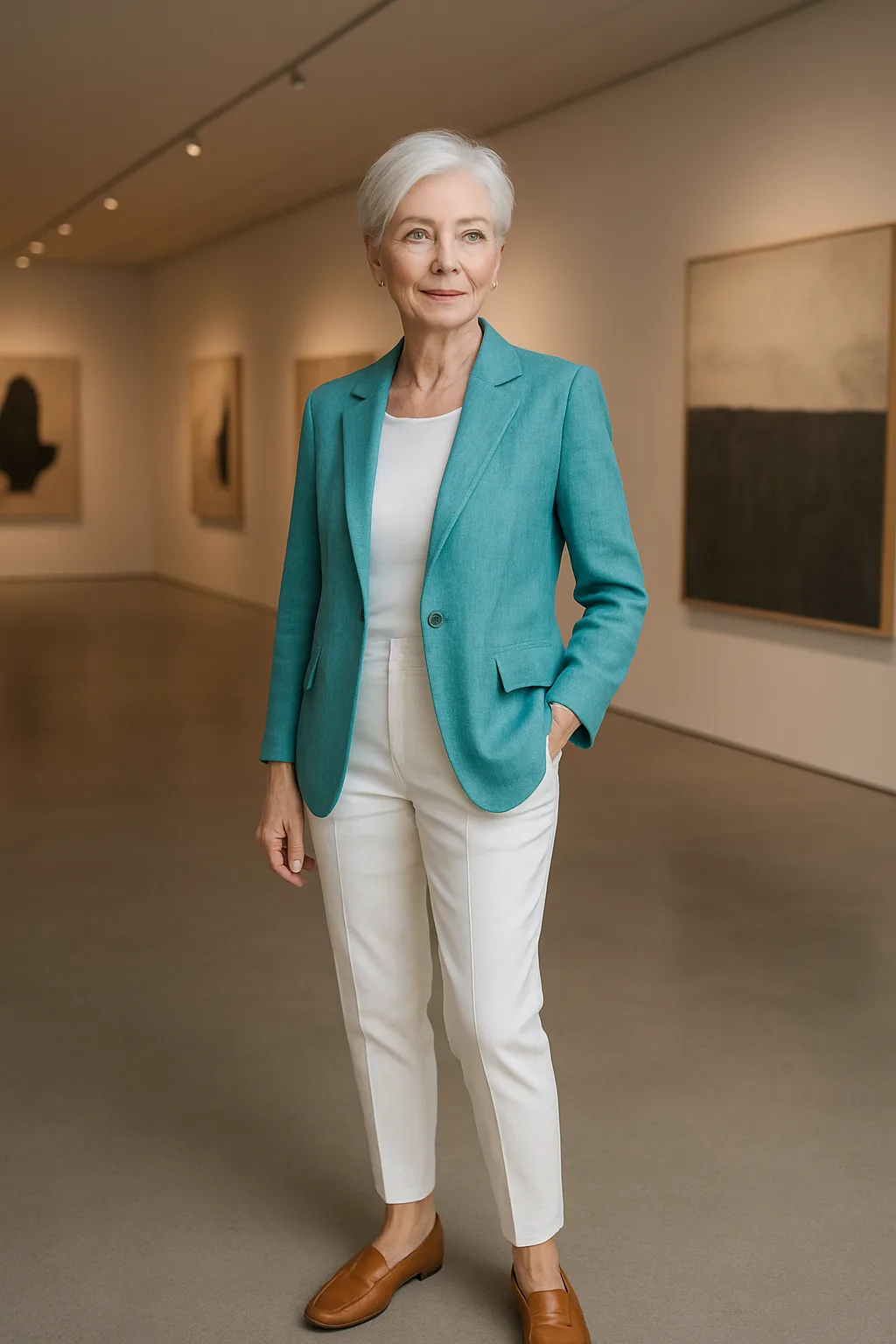 Blazer turquoise et pantalon blanc dans galerie d'art