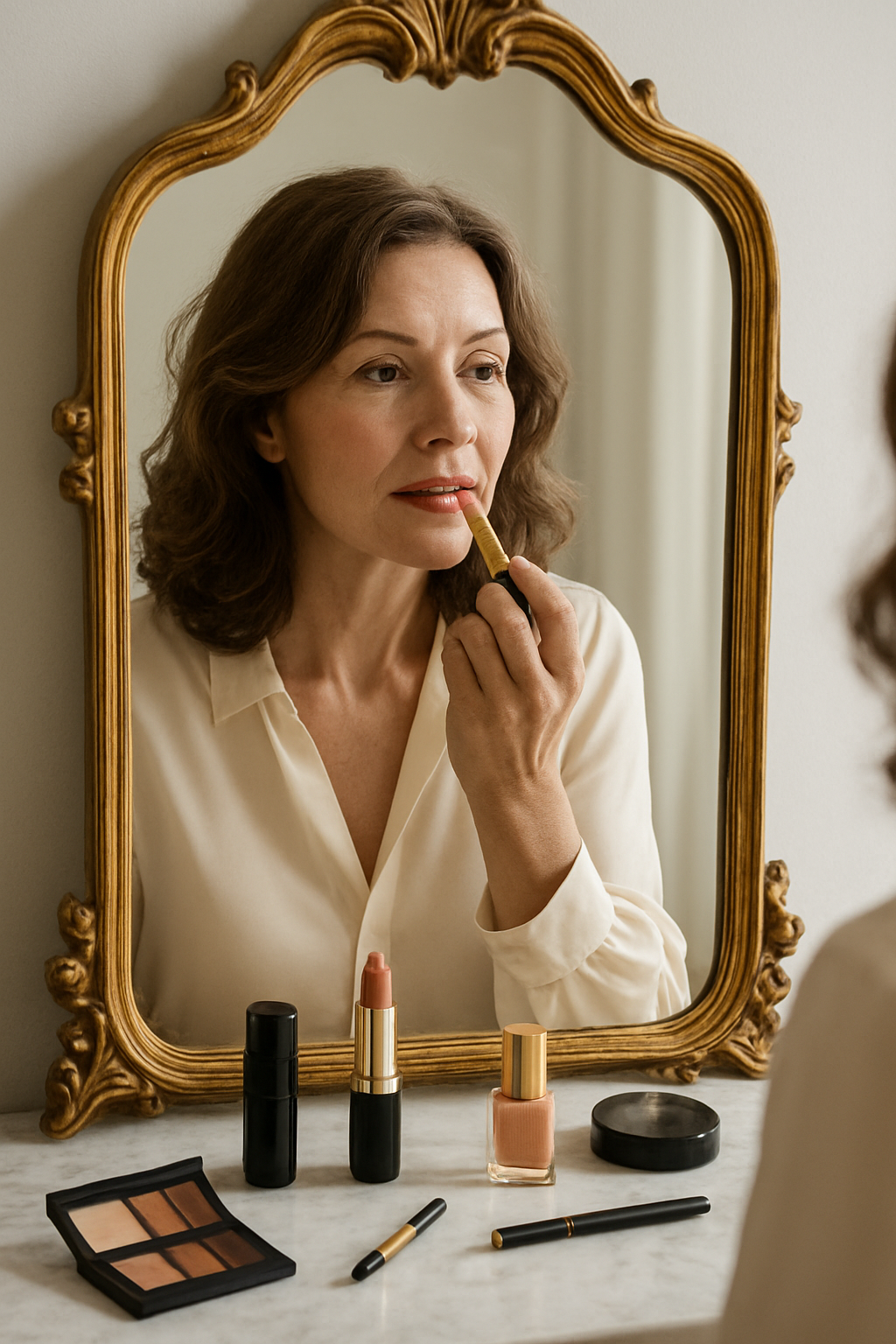 Femme appliquant son rouge à lèvres devant un miroir doré avec des produits de maquillage