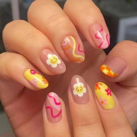 press-on nails multicolores printemps