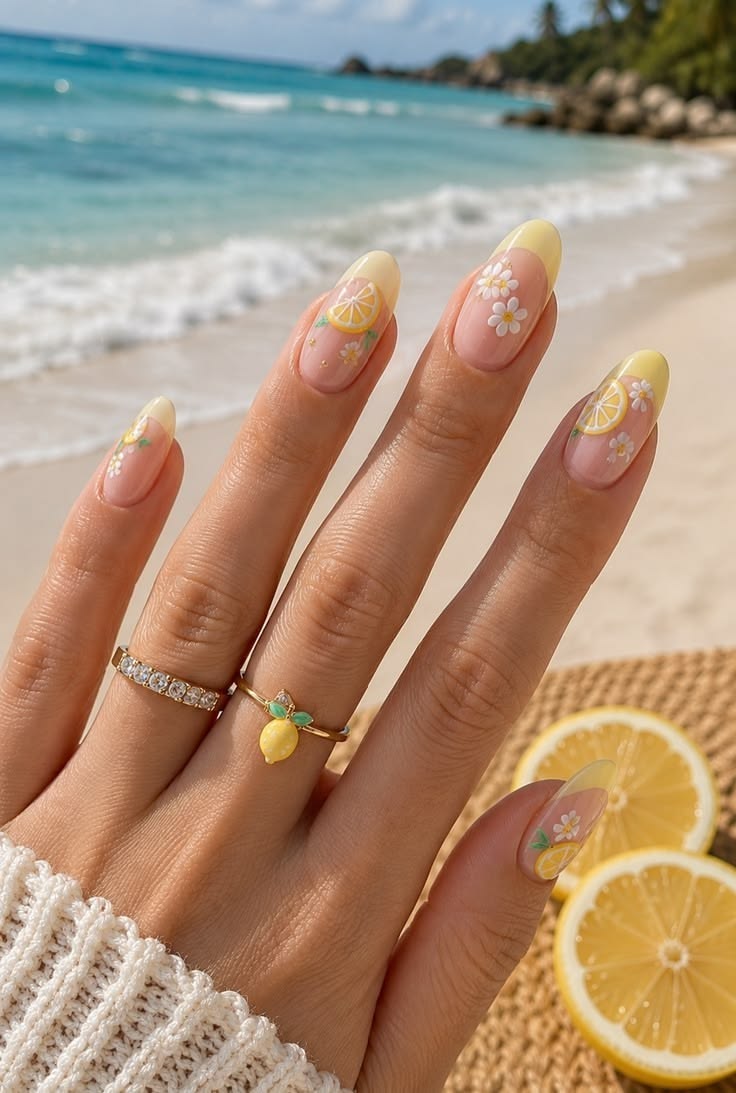 Ongles pastel jaune doux avec des petits dessins floraux blancs