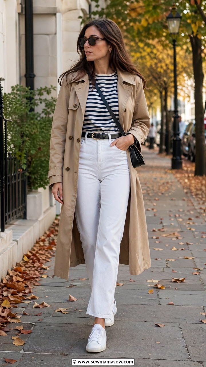 Jeans, t-shirt rayé et trench
