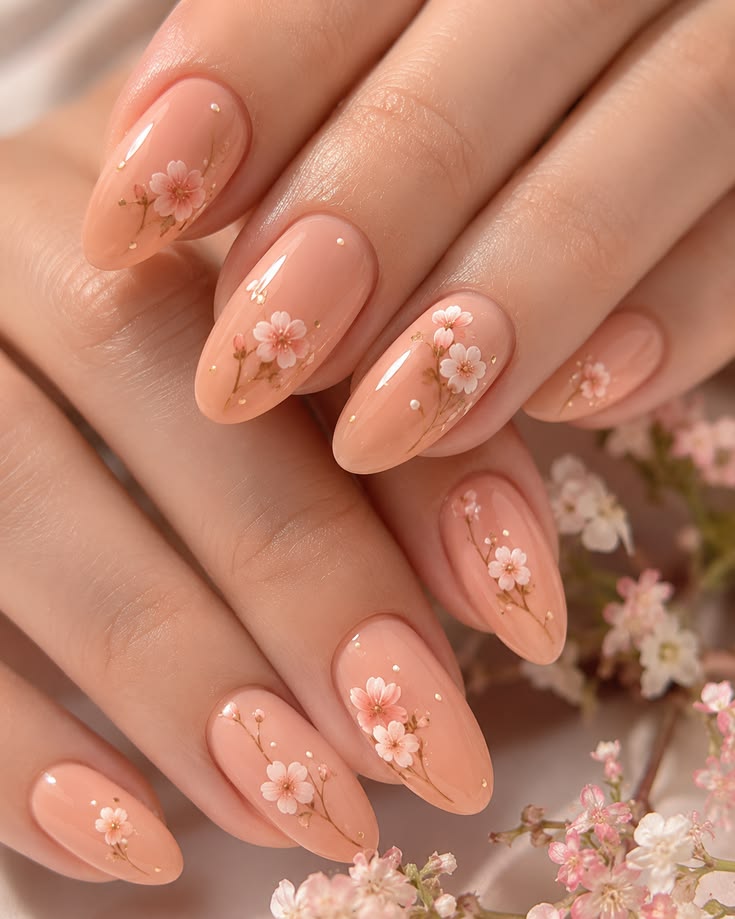 Manucure pêche pastel avec motif feuilles tout en finesse