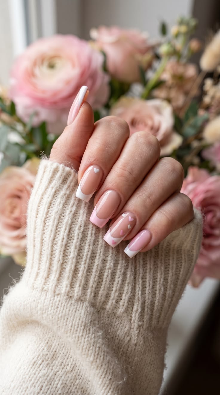 Ongles rose poudré avec petits points blancs discrets