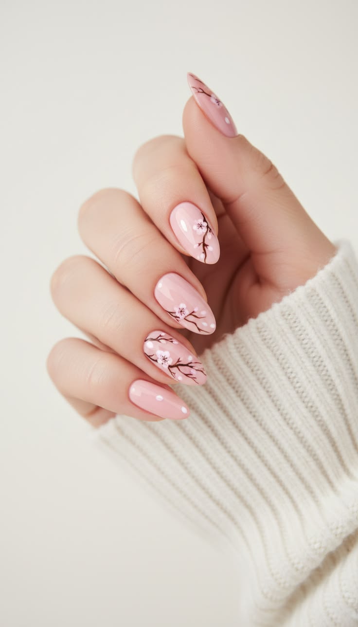 Manucure rose clair matte avec un ongle décoré floral simple