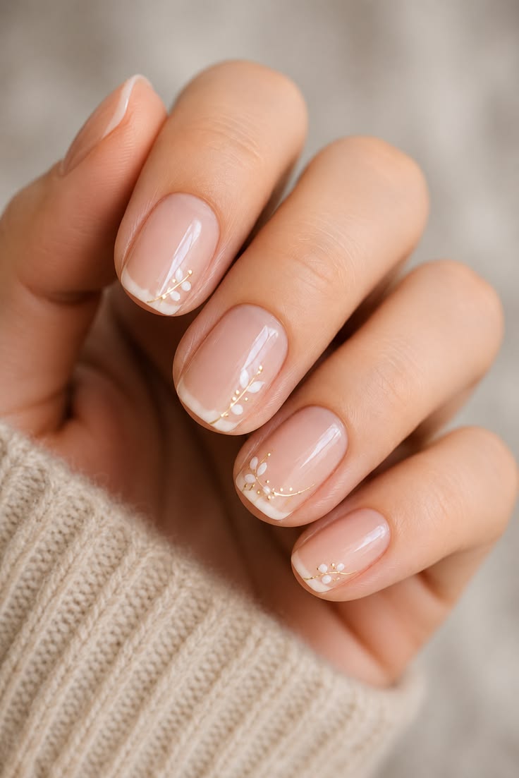 Ongles beige nude aux reflets satinés avec accent floral discret