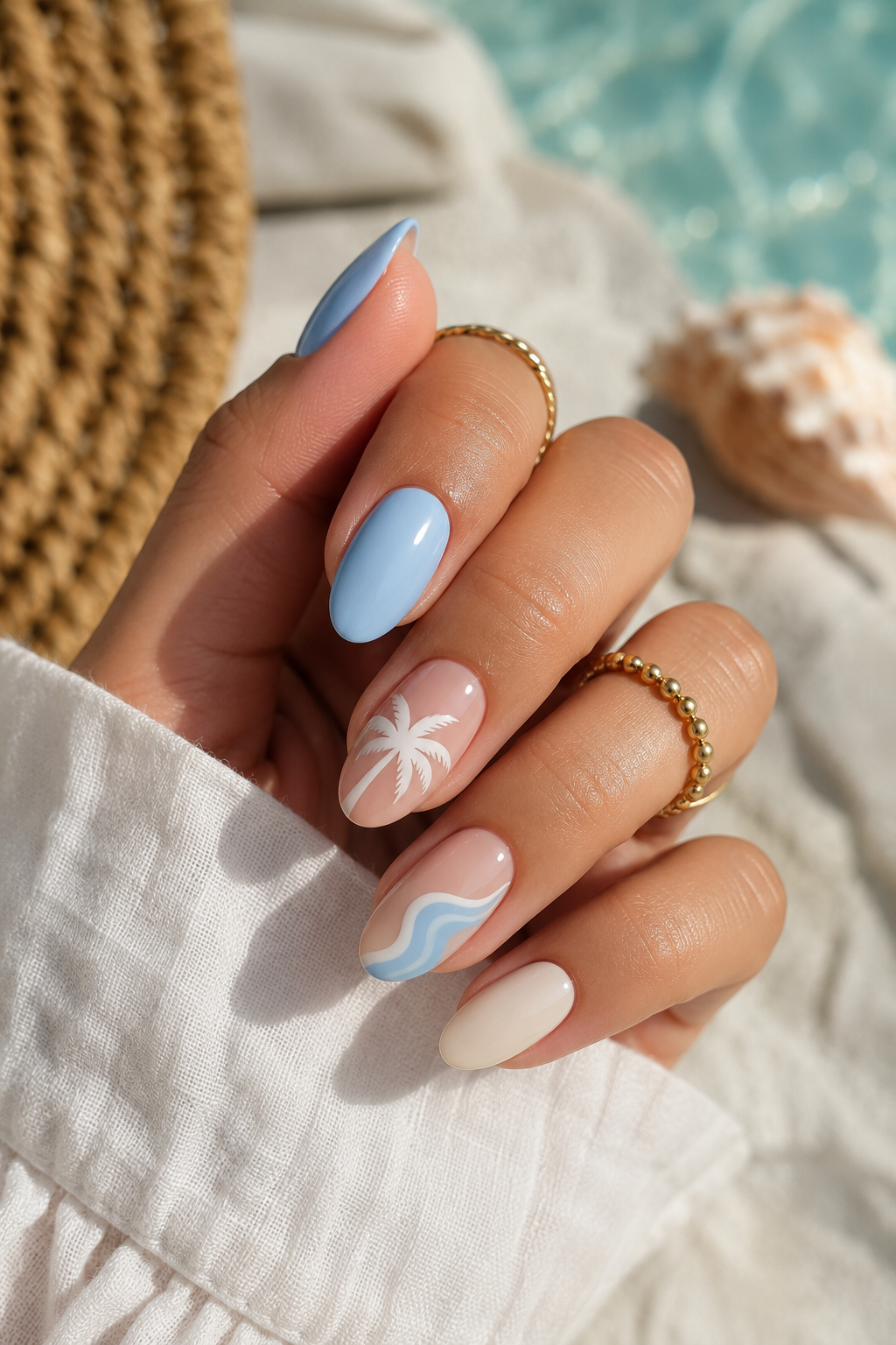 Ongles d’été inspirés de la plage en bleu doux