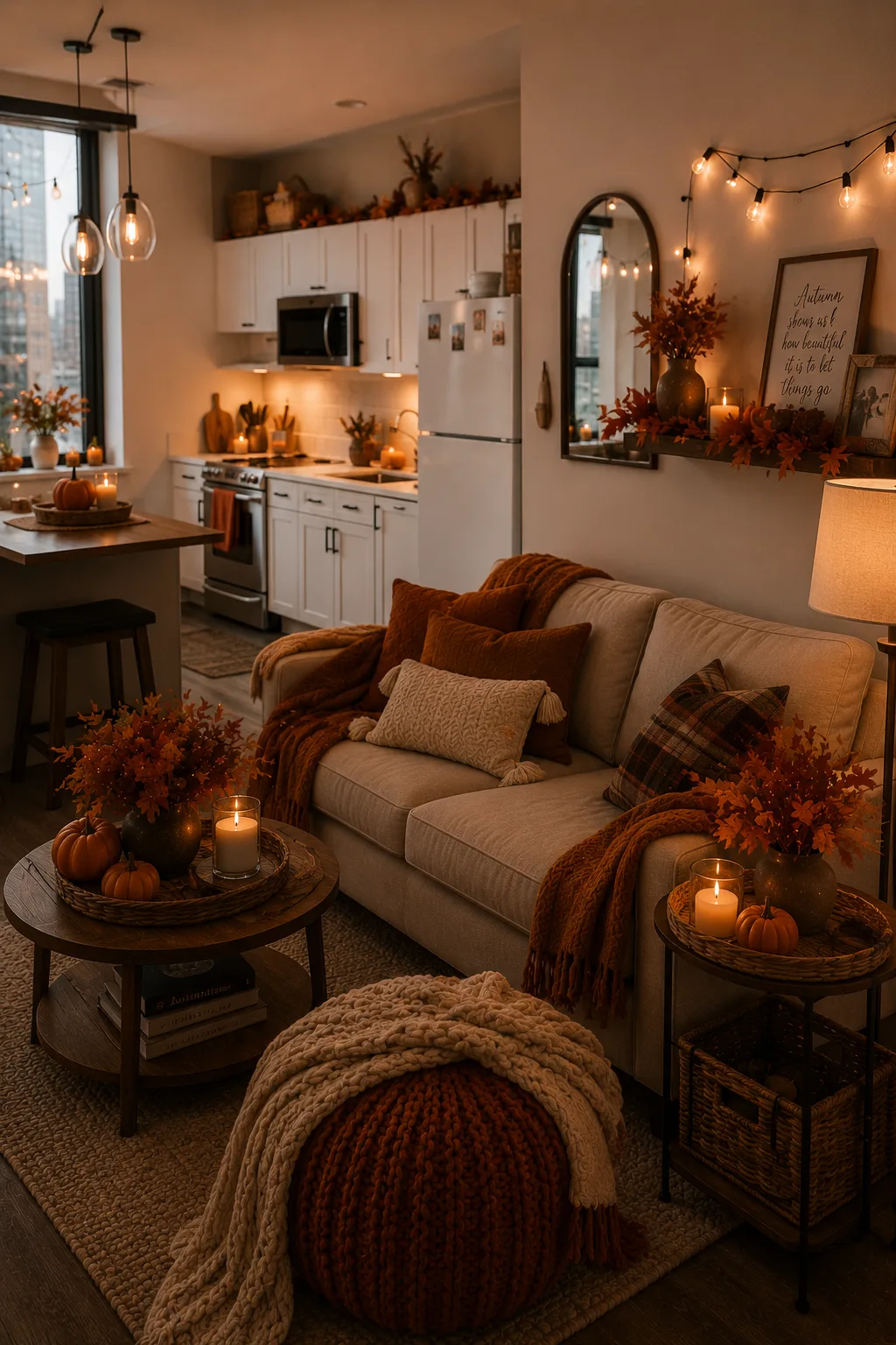 Espace réduit décoré avec accents de saison chaleureux