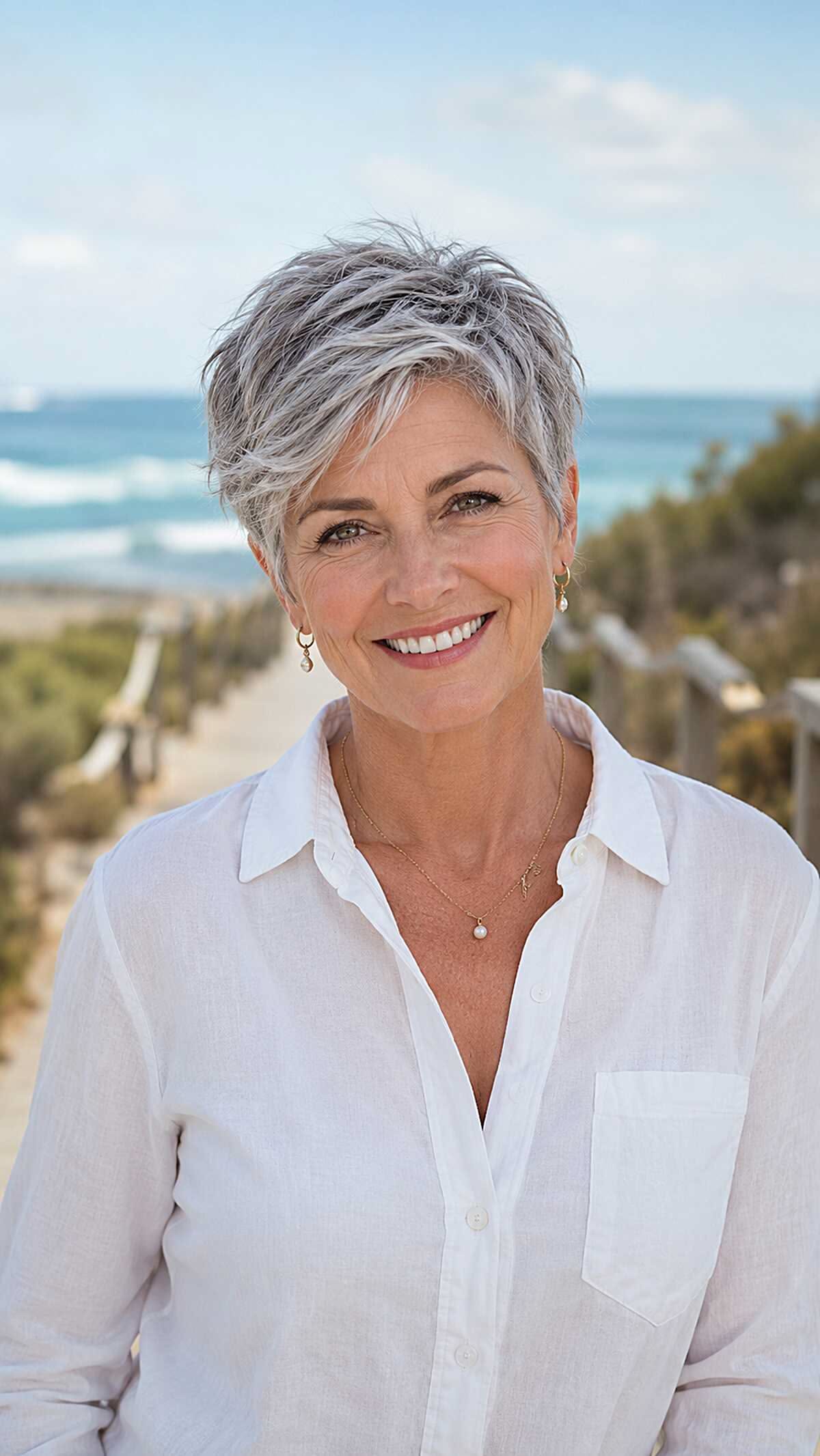 Cheveux courts gris aux ondulations douces