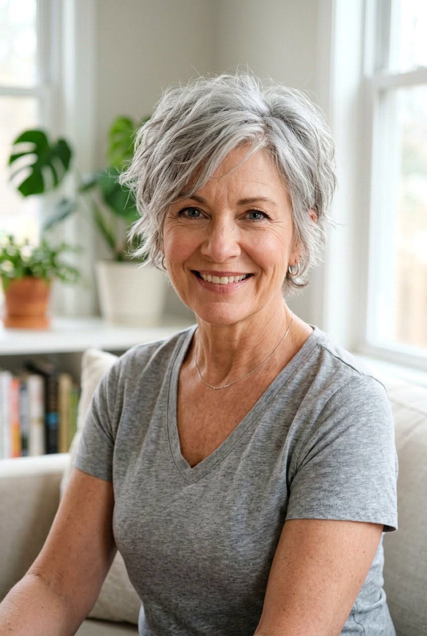 Coupe courte pour cheveux fins chez la femme de 50 ans