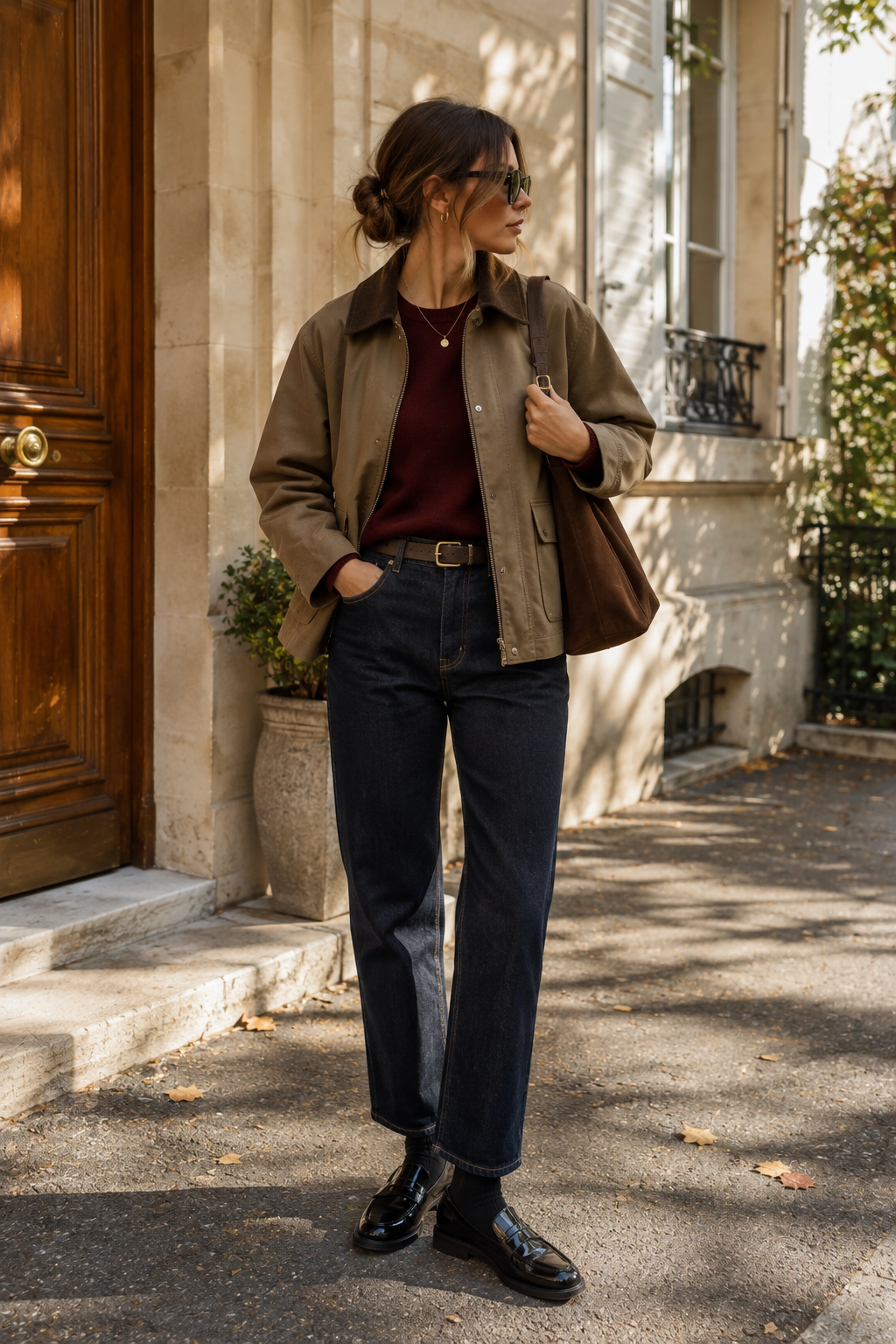 Veste en toile cirée avec col en velours marron foncé.