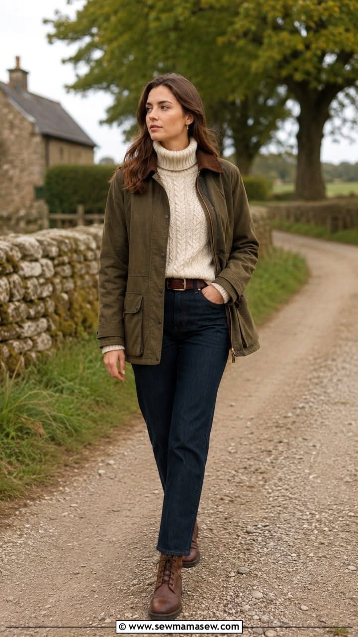 Look minimaliste avec barn jacket taupe et jean brut.