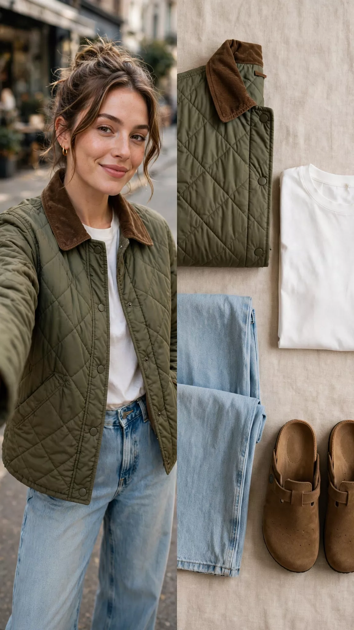 Style rustique avec jean délavé et veste olive matelassée.