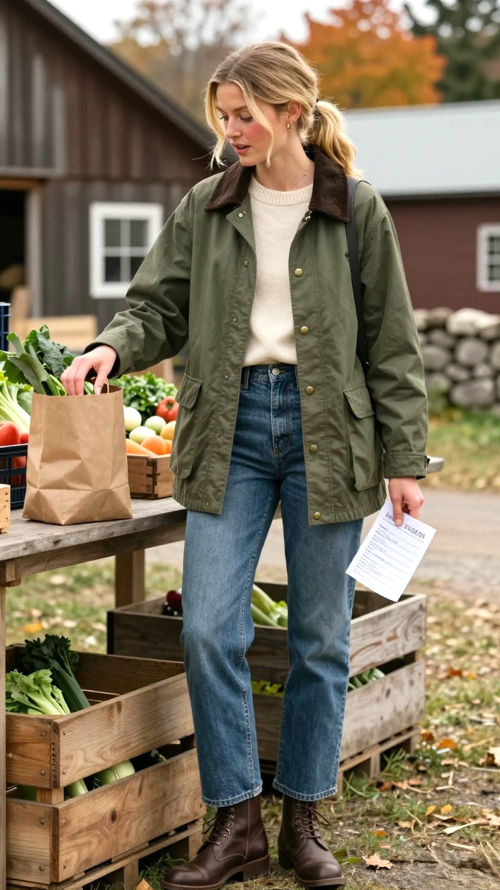 Veste en toile cirée olive et col en velours marron.