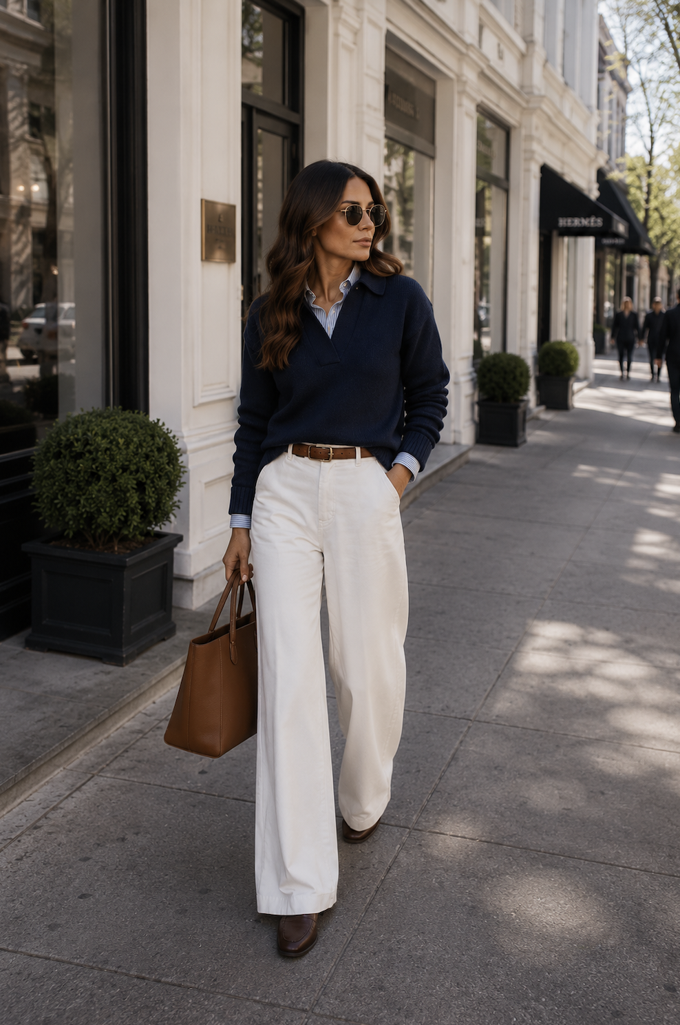 Sac bordeaux avec foulard imprimé et bottes hautes cognac