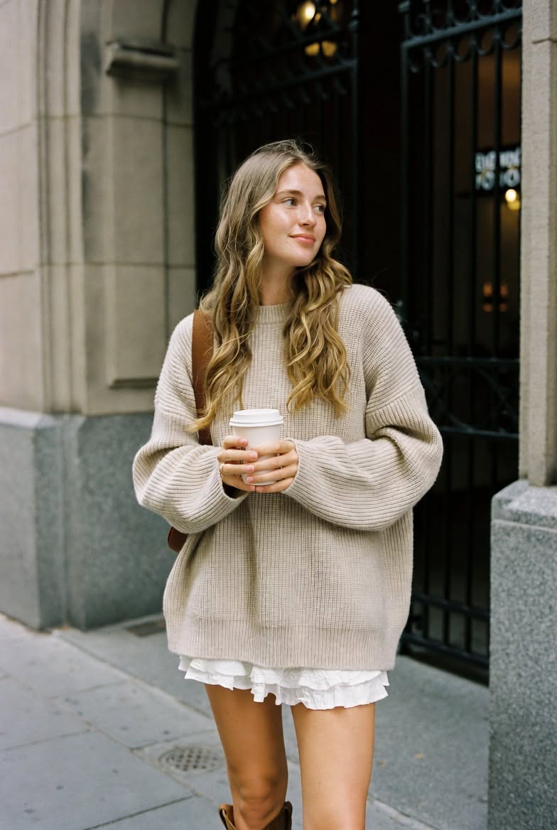 Pull beige oversize avec mini jupe blanche à volants et bottes cowboy.