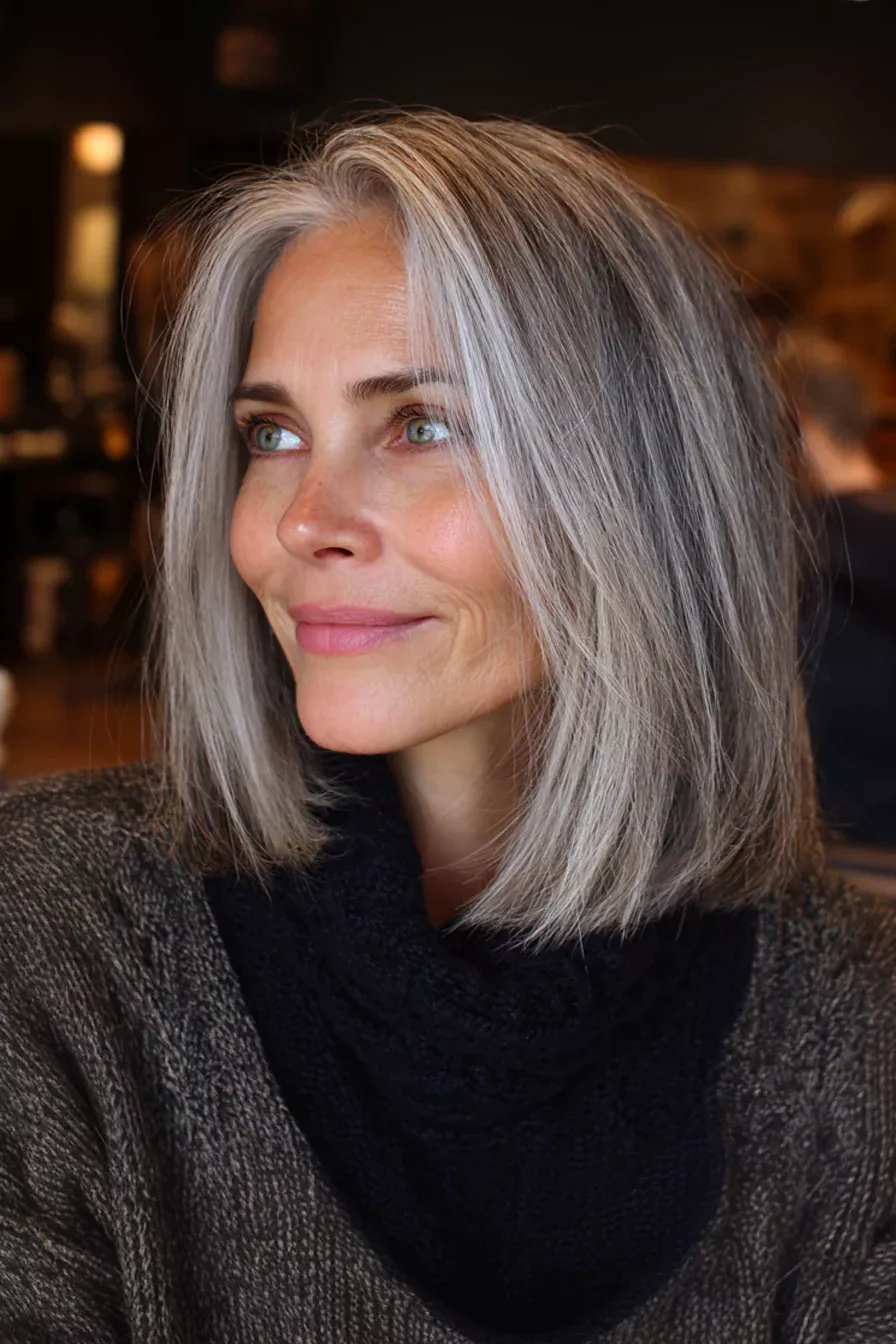 Cheveux gris glissants avec reflets froids