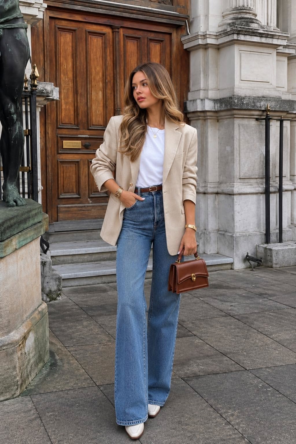 Femme portant un blazer beige, un t-shirt blanc et un jean large bleu avec accessoires marron.