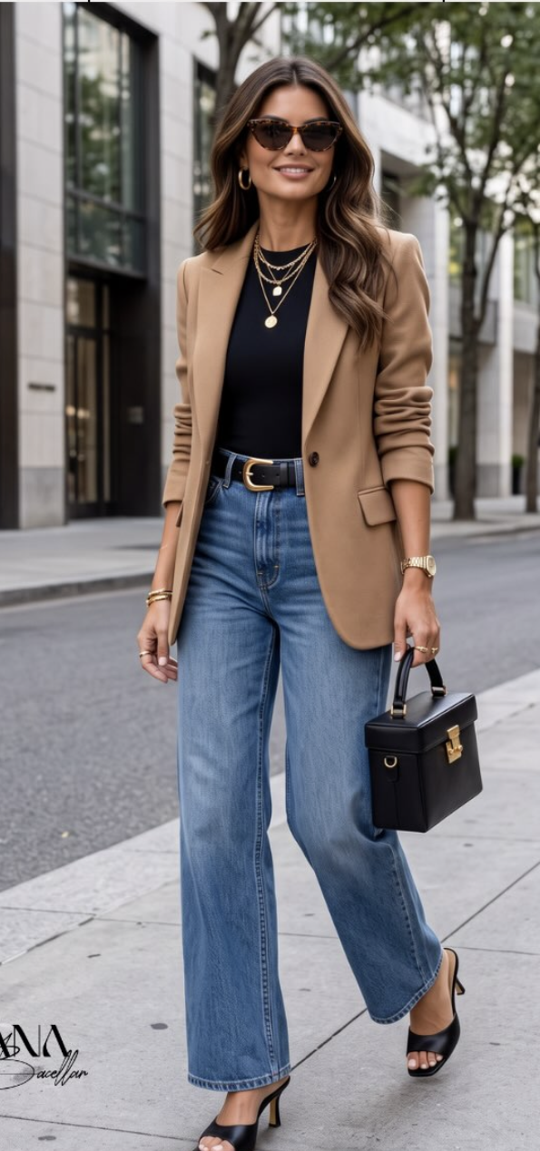 Look chic avec blazer camel, jean large et accessoires noirs.