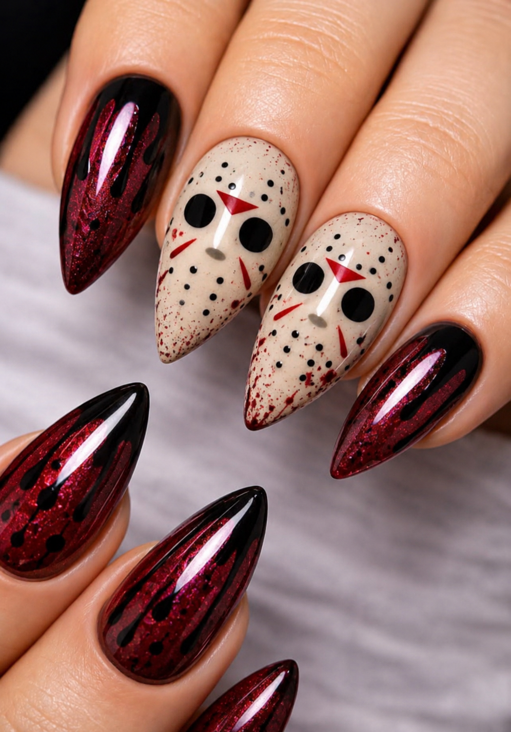 Ongles pointus avec motifs masques blancs et éclaboussures rouges.