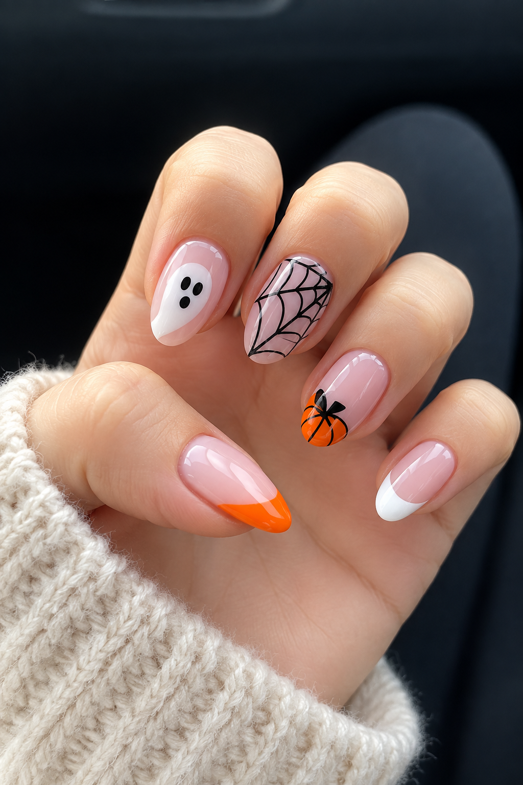 Nails decorated with Halloween-themed designs including a ghost, spider web, and pumpkin.