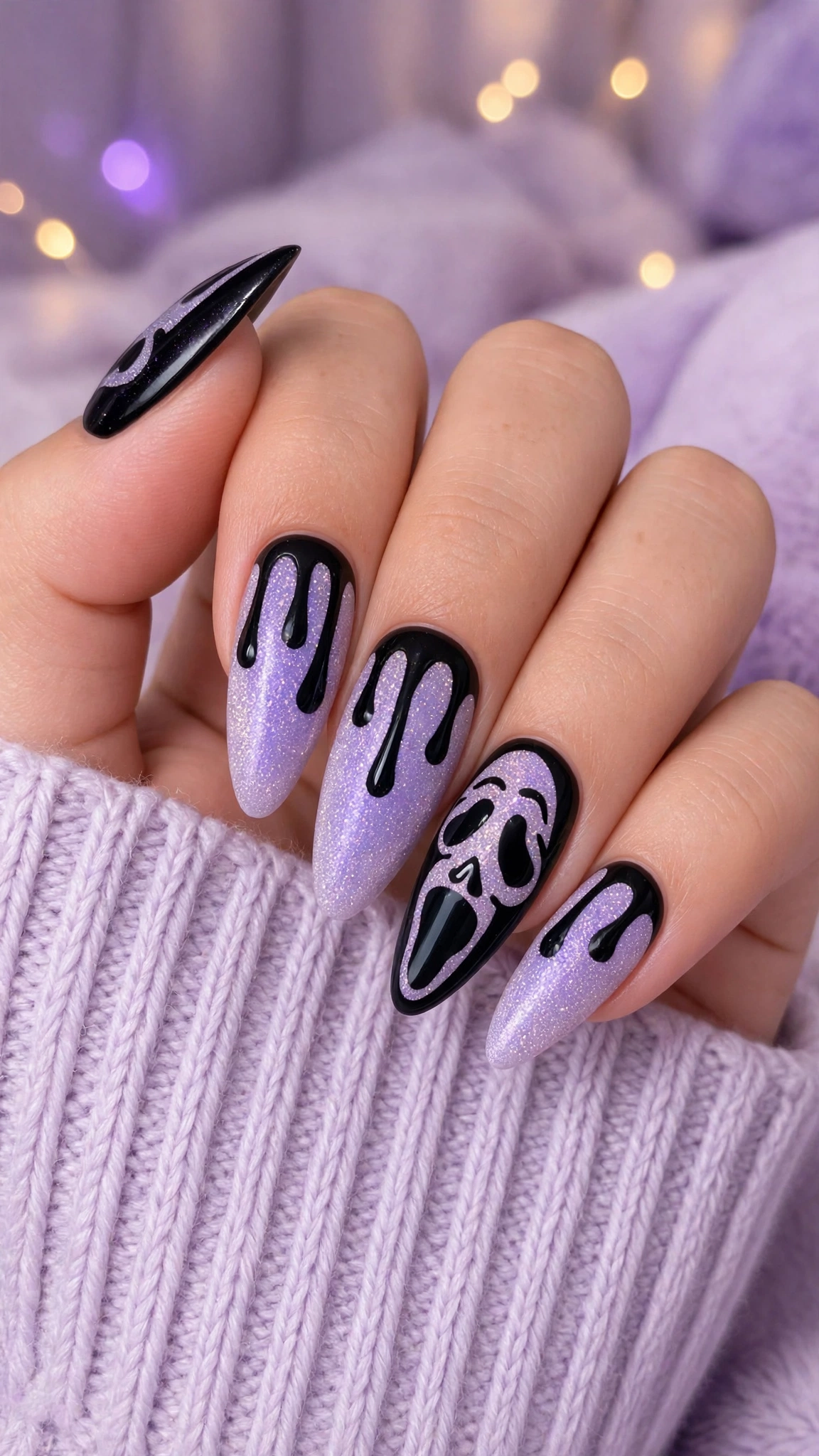 Ongles longs violets pailletés avec motifs noirs Halloween.
