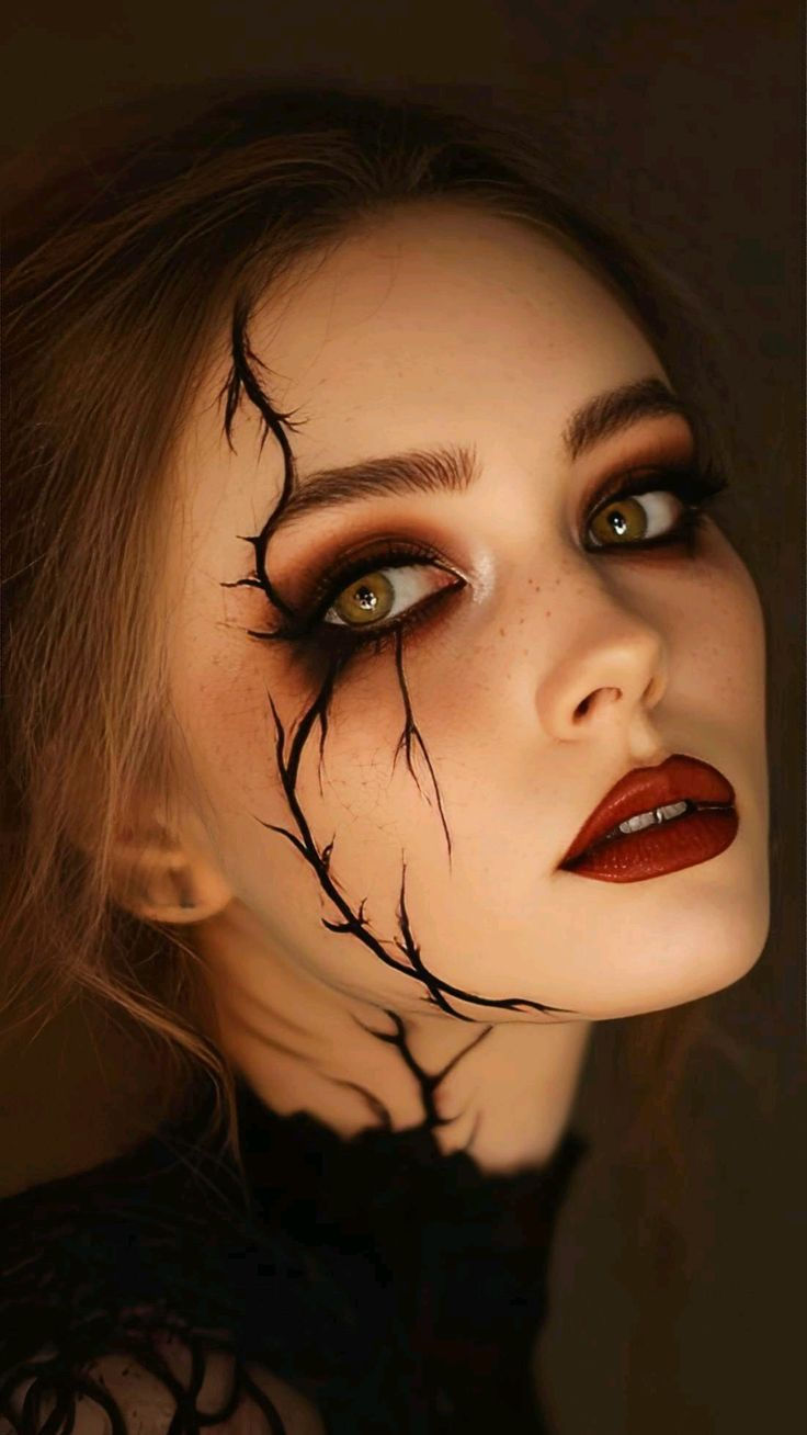 Visage maquillé avec des veines noires et lèvres rouges foncées.