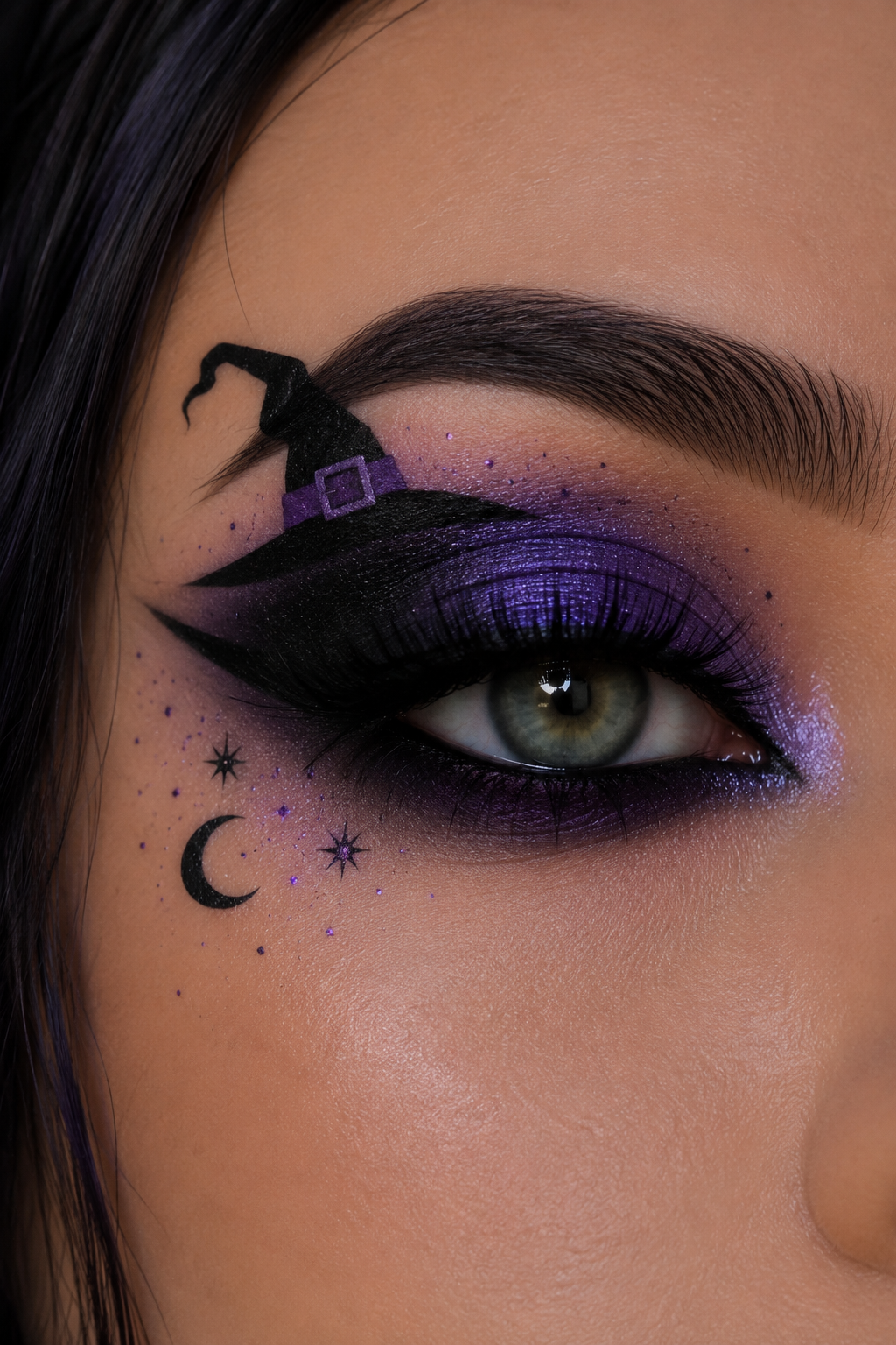 Maquillage violet et noir avec chapeau de sorcière et motifs célestes.
