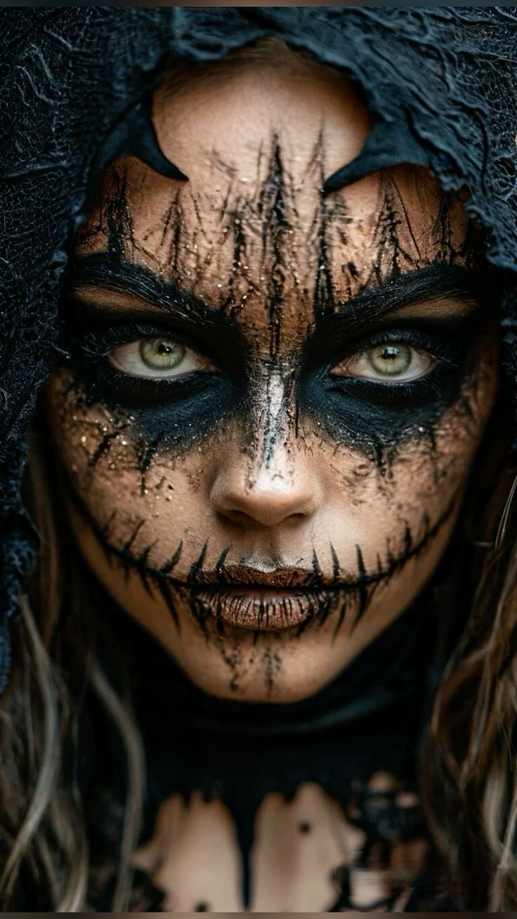 Visage maquillé avec des motifs noirs et brillants rappelant une sorcière.