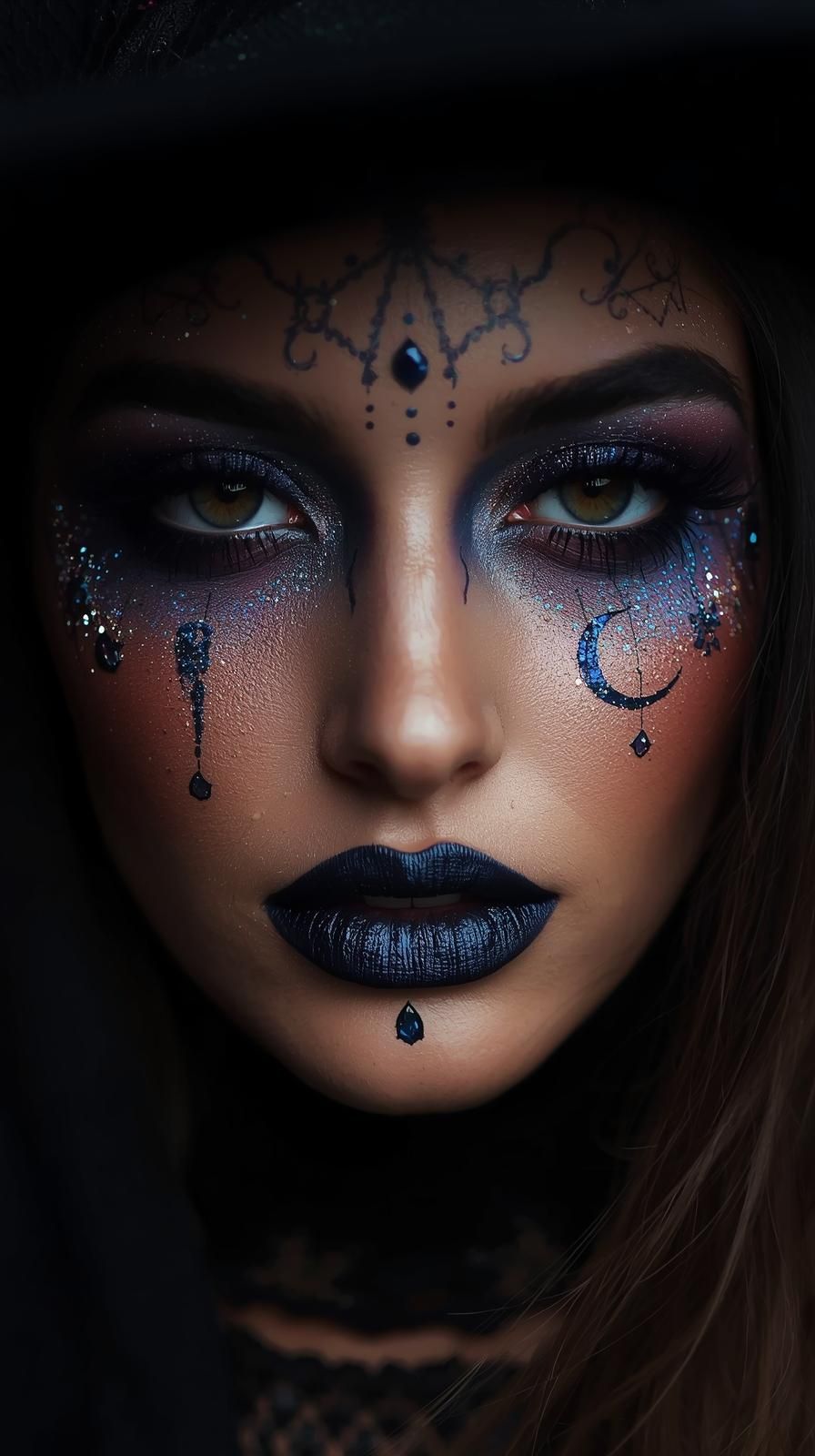 Visage maquillé avec des motifs lunaires et bijoux noirs sur peau claire.