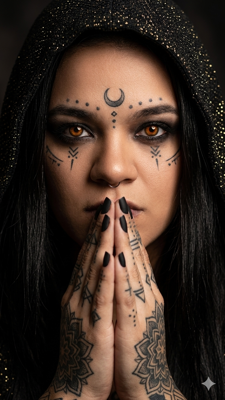 Visage maquillé avec symboles mystiques et ongles noirs mats.