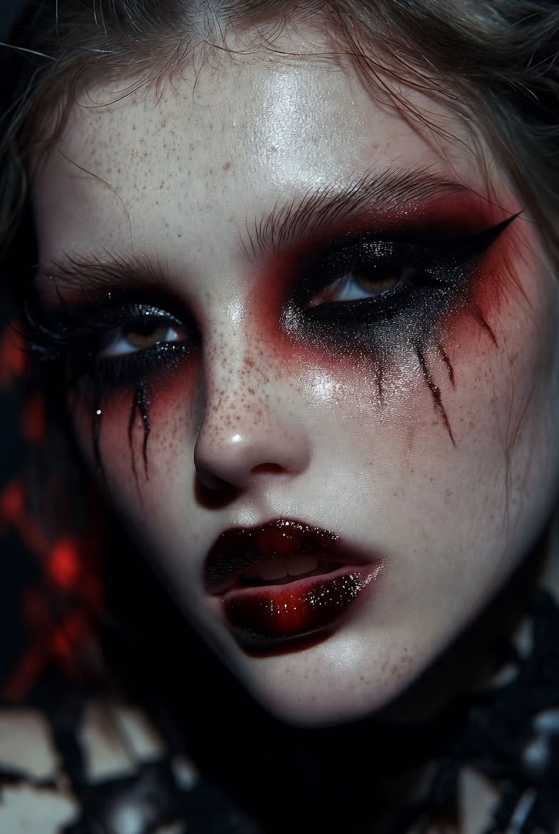 Visage maquillé avec ombres noires et rouges intenses autour des yeux et lèvres foncées brillantes.