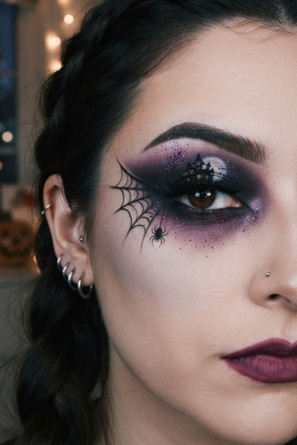 Maquillage œil avec maison hantée, toile d'araignée et araignée noire.