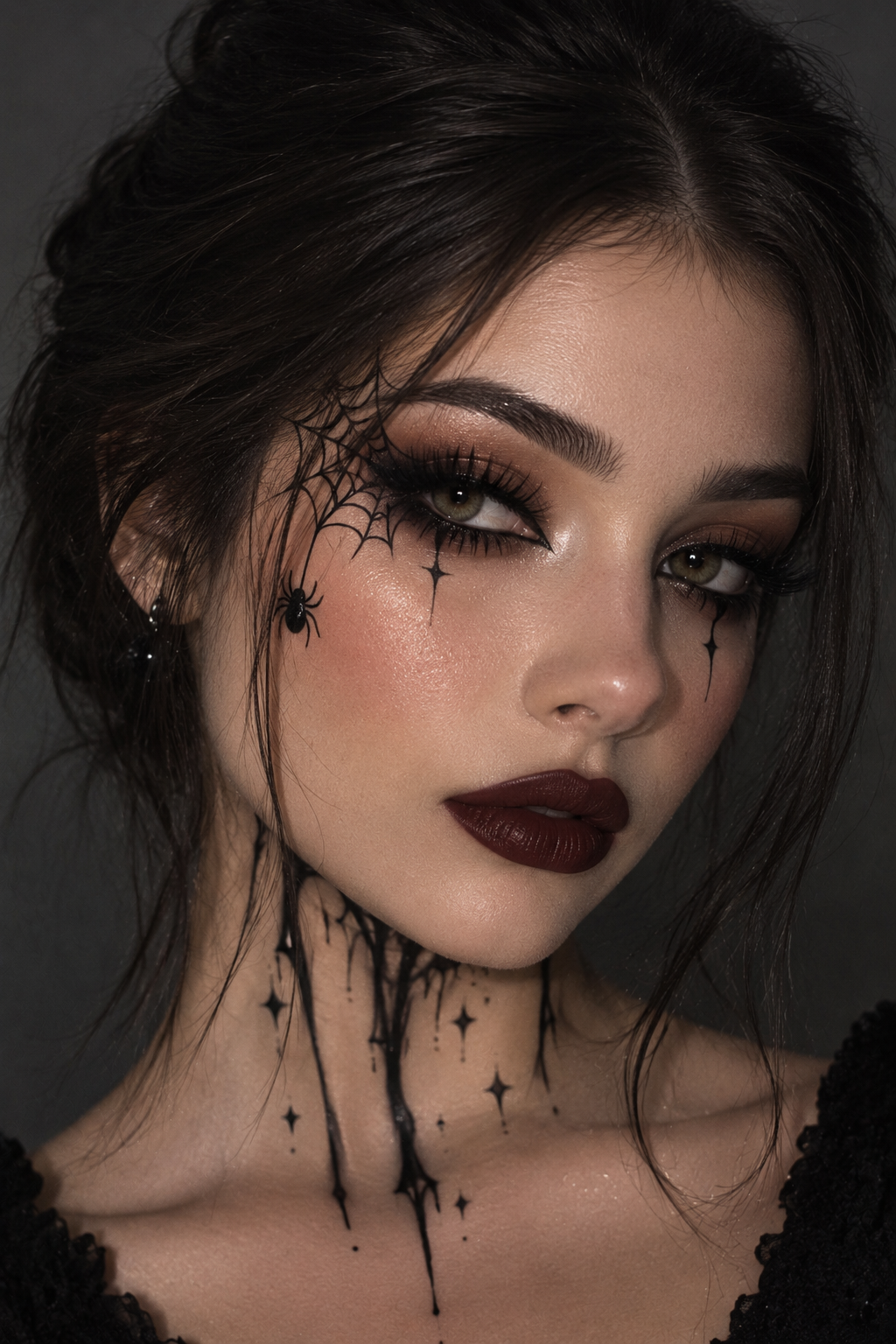 Maquillage Halloween avec toile d'araignée et lèvres foncées.